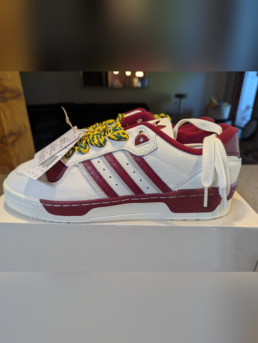 adidas Mens Rivalry Low.hite and Maroon Low-Top Sneakers with Yellow-Green Laces - Picture 1 of 5